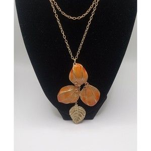 Coldwater Creek Enamel Orange Flower Gold Tone Leaf Pendant  Necklace